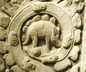 Carving on Ta Prohm.  This is not a stegosaurus. 